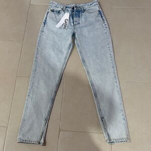 GANNI High-Rise Bleach Acid Wash Straight Leg Jeans with Ankle Slit Size 25 NWT